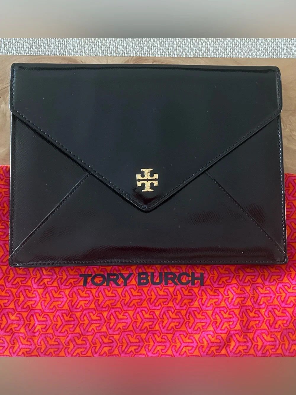 Tory Burch Black Patent Leather Envelope Clutch with Gold Accent